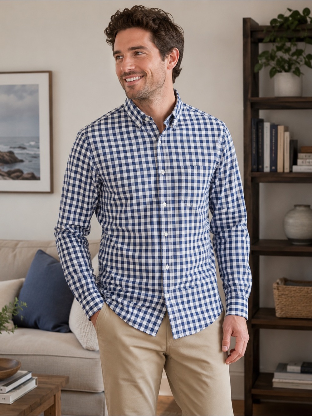 J.Crew Men’s Medium Blue White Gingham Check Button Down Cotton Shirt